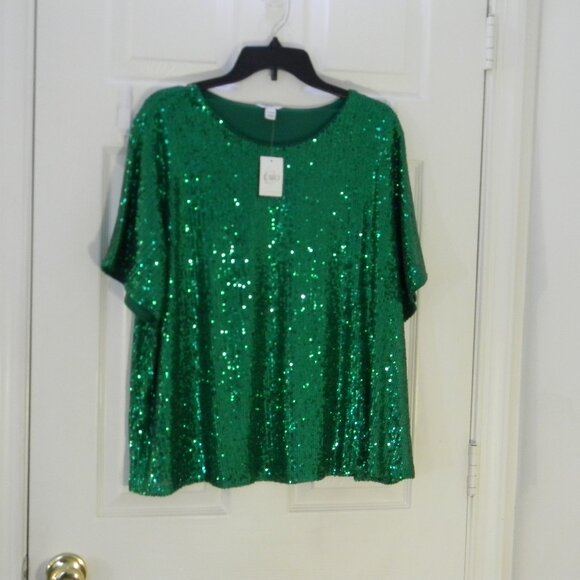 Green Sequin Top Plus Sz 18/20 Cato Short Sleeve NWT - Picture 2 of 7